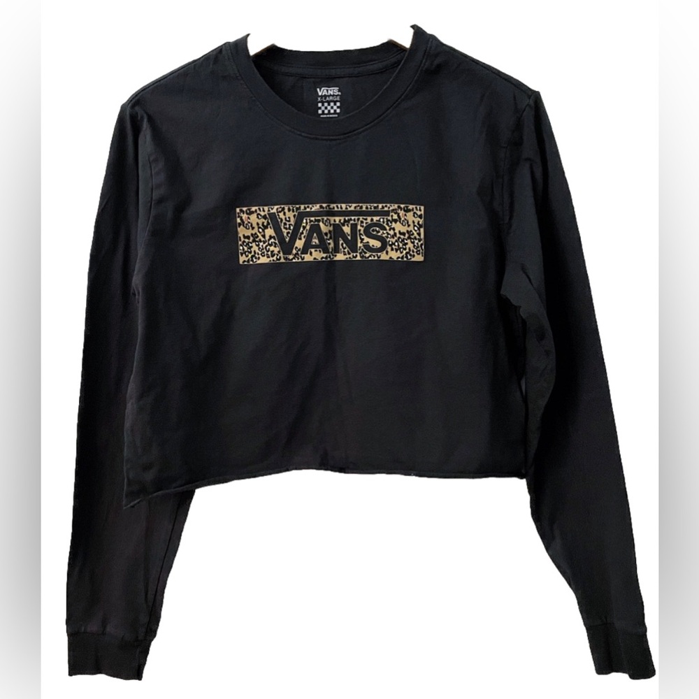 Vans Junior Girls Cropped Long Sleeve Graphic Top XL Black Leopard Logo